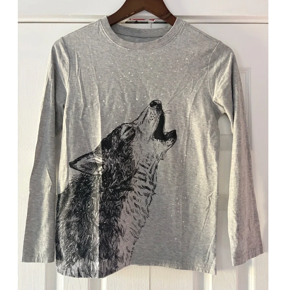 Tea Collection Gray Howling Wolf Graphic Long Sleeve T-Shirt Size 14 Cotton
